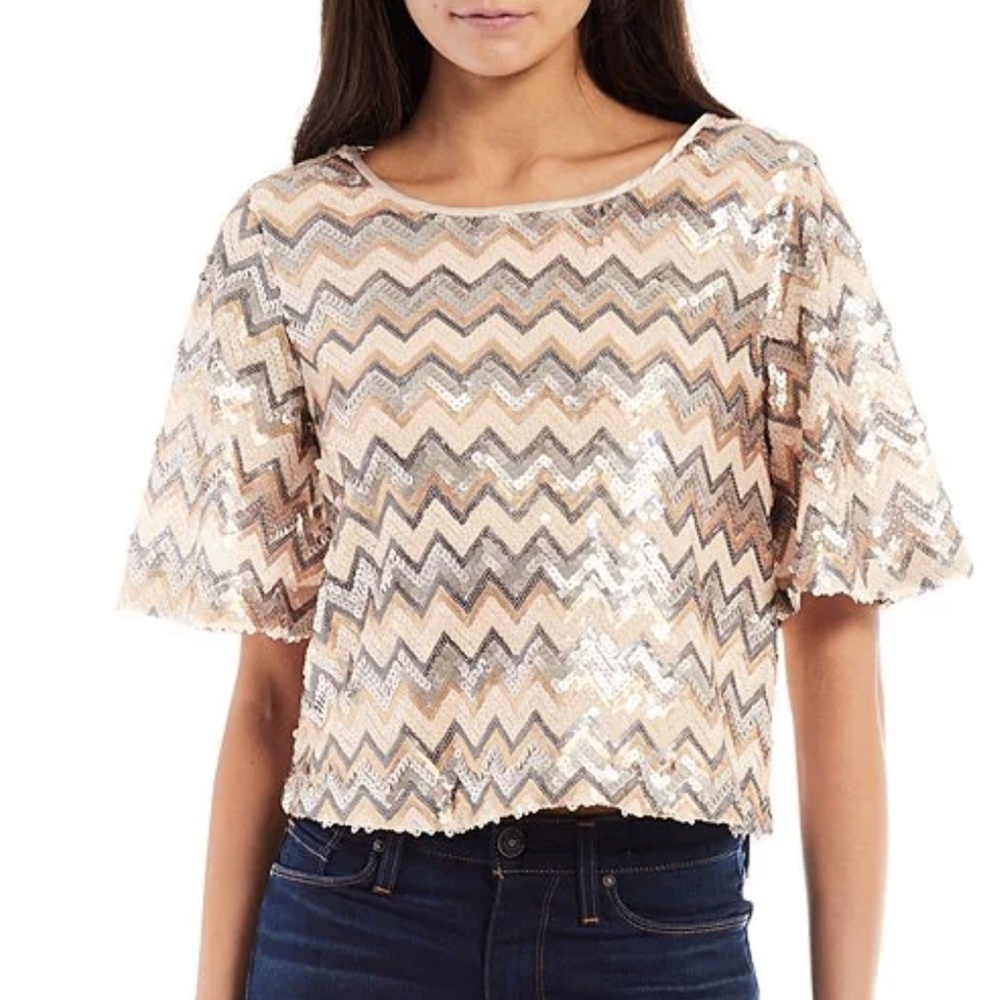 Skies Are Blue Short Chevron Striped Sequin Top Sz. XS NWT
